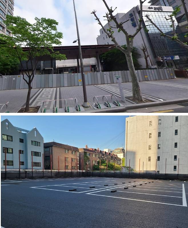 과거 주유소가 운영됐으나 7년 가까이 ‘나대지’로 방치돼 있었던 서울 강남구 논현동 277-23,24 부지(위쪽)가 45개면 임시 공영주차장으로 탈바꿈했다. 네이버지도·강남구 제공