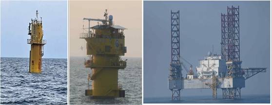 Images of Chinese steel structures unilaterally installed in the Korea-China Provisional Measures Zone (PMZ) of the Yellow Sea, obtained and revealed by Rep. Um Tae-young of the People Power Party on April 24. From left: Shenlan 1 (installed in 2018), Shenlan 2 (2024) and a management facility built in the form of an oil drilling platform (2022). [YONHAP]