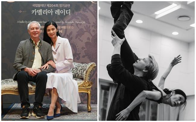 강수진(왼쪽 사진의 오른쪽) 국립발레단 단장과 안무가 존 노이마이어가 29일 예술의전당 무궁화홀에서 열린  ‘카멜리아 레이디’ 기자간담회에서 포즈를 취하고 있다. 강수진 단장이 이번 작품의 트레이너로 온 마린 라드메이커와 함께 단원들에게 직접 시범을 보이고 있다.    국립발레단