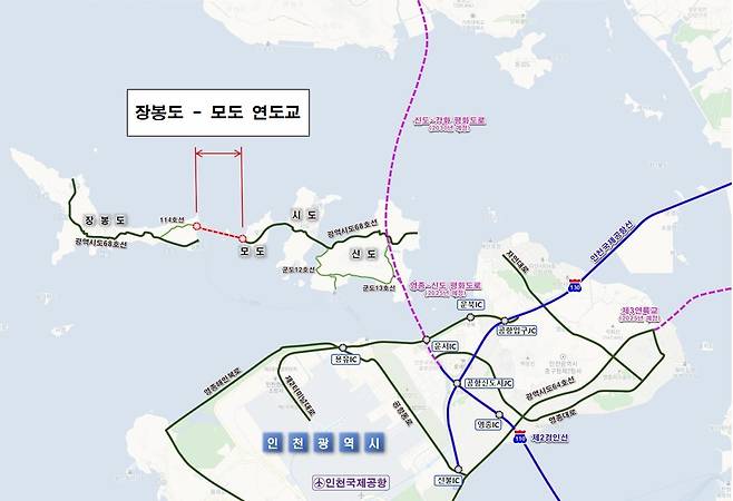 장봉도∼모도 연도교 위치도. 옹진군 제공