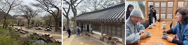 전등사 죽림다원에서 차담을 하고 있는 여암스님과 장미란 제2차관  / 사진=홍지연 여행+ 기자