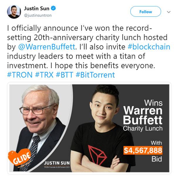 저스틴 선이 워렌버핏과의 점심식사 경매에 낙찰된 후 업로드한 트윗 <출처: 저스틴 선 트위터(현. X)>