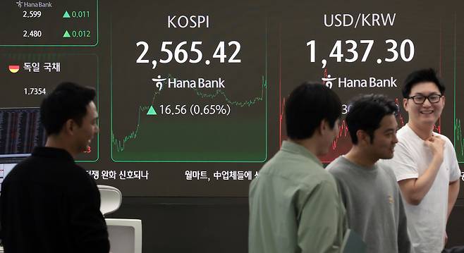 29일 서울 중구 하나은행 딜링룸 현황판에 코스피 지수 등이 표시되고 있다. 이날 코스피 지수는 전 거래일 대비 16.56포인트(0.65%) 오른 2,565.42에, 코스닥은 7.05포인트(0.98%) 오른 726.46에 장을 마감했다. [연합]