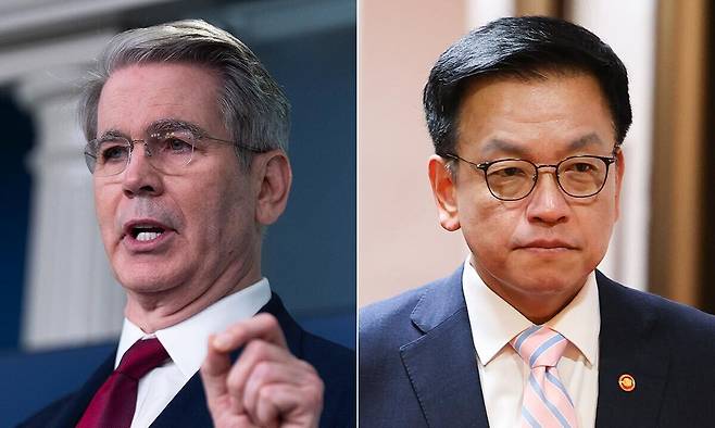 스콧 베선트 미 재무장관(왼쪽)과 최상목 경제부총리 겸 기획재정부 장관. AP연합뉴스·대통령실통신사진기자단