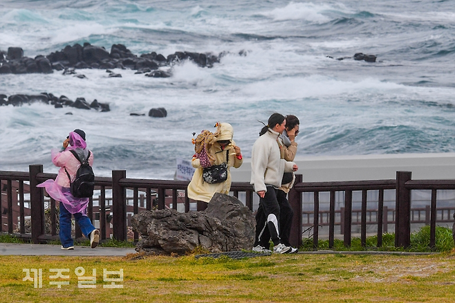 서귀포시 대정읍 송악산을 찾은 관광객들이 강한 바람을 맞으며 산책하고 있다.