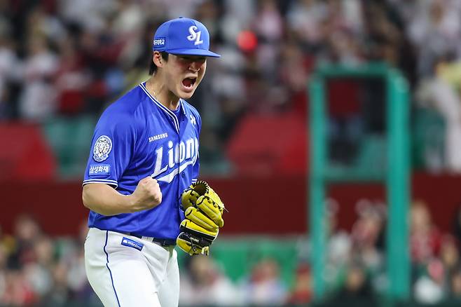 29일 인천 SSG랜더스필드에서 열린 SSG 랜더스와의 경기에서 7회말 만루 위기를 삼진으로 극복한 뒤 포효하는 이호성. 사진제공=삼성 라이온즈