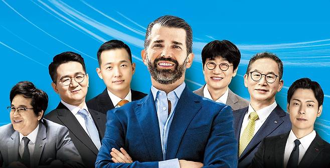 미국 트럼프 2기 행정부에서 실세란 평가를 받는 도널드 트럼프 주니어(가운데)가 1박 2일 동안 방한해 국내 재계 인사들과 릴레이 면담을 했다. 사진은 30일 그와 회동한 주요 인사들의 모습이다. (왼쪽부터) 이재현 CJ그룹 회장, 조원태 한진그룹 회장, 김동관 한화그룹 부회장, 이해진 네이버 의장, 양종희 KB금융 회장, 신유열 롯데지주 부사장. /사진=trump.com·각 사, 그래픽=박상훈