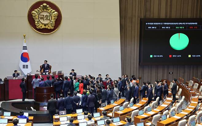 1일 서울 여의도 국회에서 열린 제424회 국회(임시회) 제7차 본회의에서 국민의힘 의원들이 최상목 탄핵소추안 상정에 반발하며 우원식 국회의장을 찾아가 규탄하고 있다. 뉴시스