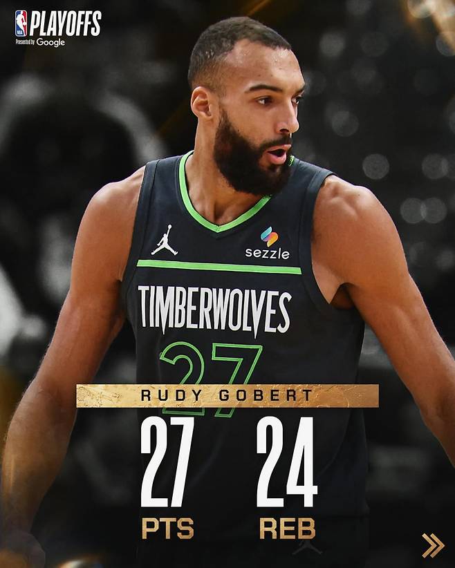 1일 LA와의 서부 PO 1라운드 5차전에서 27점 24리바운드 활약을 펼치며 팀의 시리즈 승리를 이끈 미네소타 고베어. 사진=NBA