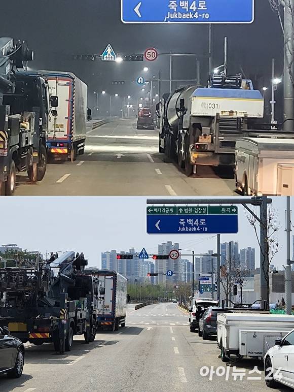 3월 14일(위쪽)과 4월 18일 평택 죽백동 일대 대형 트럭, 캠핑카 등 주정차 금지 구역에 장기간 방치된 모습. [사진=임정규 기자]