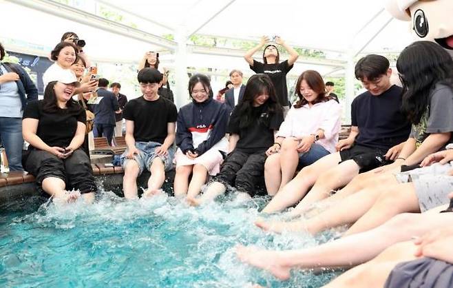 대전 유성구 온천 족욕 체험장에서 시민들이 족욕을 즐기고 있다. 유성구 제공