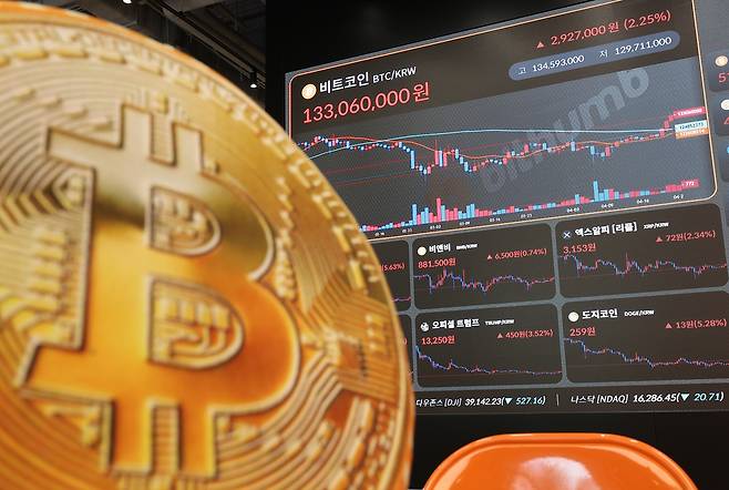 가상화폐 대장주 비트코인이 한 달 반 만에 9만 달러선을 탈환했다. 사진은 지난달 23일 서울 서초구 빗썸라운지 전광판에 비트코인 가격이 표시돼 있다. 연합뉴스
