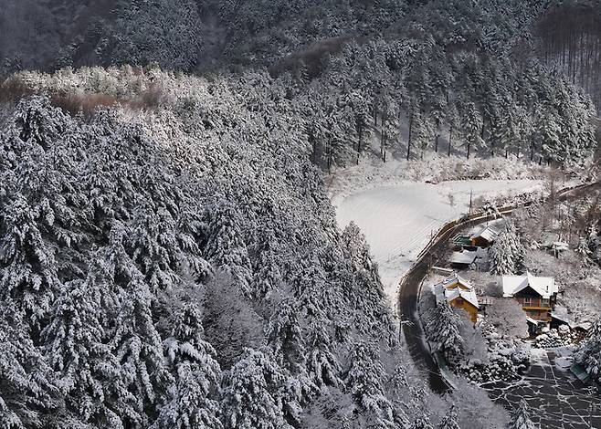 4월 13일 전국 곳곳에 봄눈이 내린 가운데 13일 강원 화천군 광덕산 일원에 눈이 쌓여 있다. [연합뉴스]