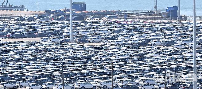 [평택=뉴시스] 김종택 기자 =29일 경기 평택항 자동차 전용부두에 선적을 기다리는 수출용 차량이 세워져 있다. 2025.04.29. jtk@newsis.com