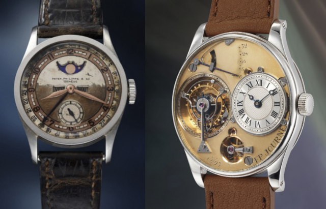 2023년 필립스 경매에서 약 82억 원에 낙찰된 파텍필립 레퍼런스 96(왼쪽)과 2024년 필립스 경매 낙찰품 중 최고가인 119억 원에 낙찰된 스위스 하이엔드 인디펜던트 워치 브랜드 F.P 주른의 모델(오른쪽). 사진 제공=필립스옥션