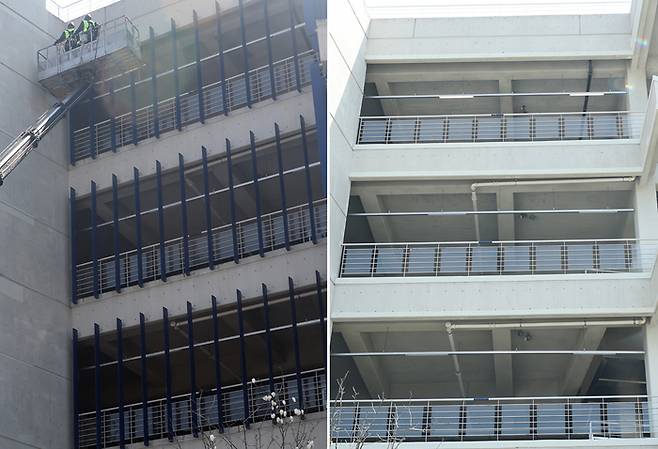 창원NC파크 외벽 루버가 철거 전과 후 모습. 사진 | 창원=연합뉴스