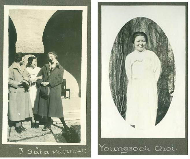 최영숙은 스웨덴에서 한복을 즐겨 입었다. 일제 강점기 상황을 늘 알리려 했다. 왼쪽은 시그투나 인민학교를 다닐 때 친구들과 찍은 사진이다. ‘3명의 귀여운 친구들’이라고 적혀 있다. 출처는 시그투나스티프텔센 도서관 아카이브. 이효진 제공