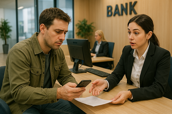 챗GPT가 제작한 은행에서 모바일 뱅킹 해지를 고민하는 고객의 모습 <챗GPT>