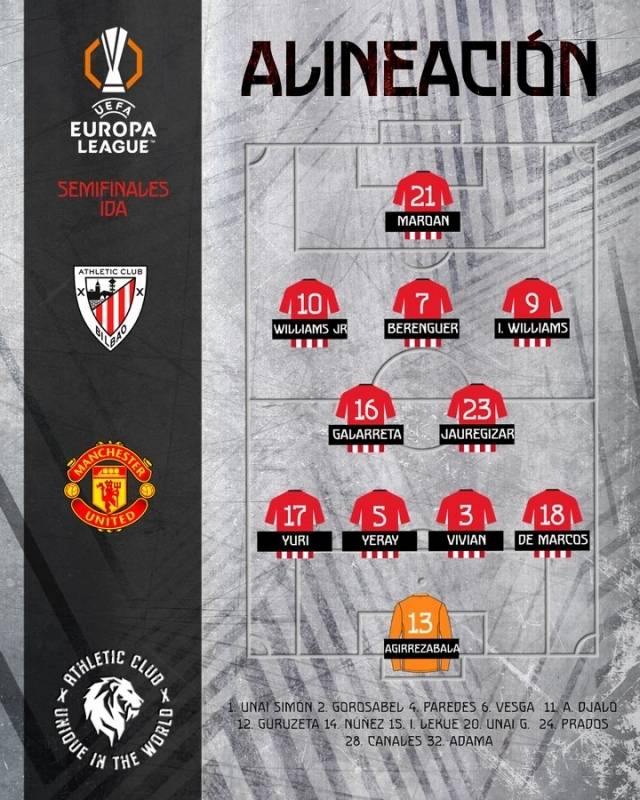 클루브는 골키퍼 아기레사발라를 시작으로 데 마르코스-비비안-알바레즈-베르치체-데 갈라레타-야우레기사르-이냐키-베렝게르-니코-산나디가 선발 출전한다. 사진=아틀레틱 클루브 SNS