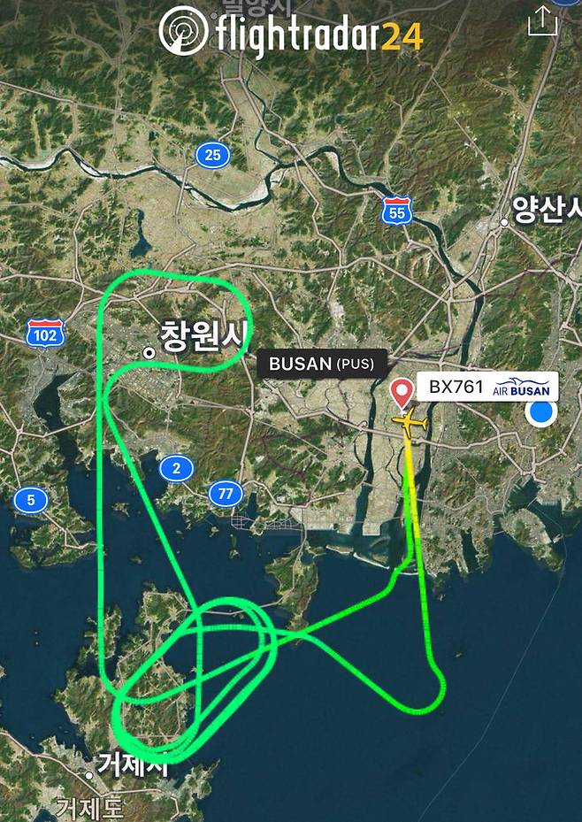 [부산=뉴시스] 에어부산 BX761편 항로. (사진=플라이트레이더24 캡처) 2025.05.02. photo@newsis.com *재판매 및 DB 금지