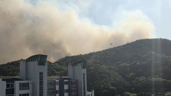 28일 대구 북구 함지산에서 발생한 산불로 연기가 퍼지고 있다. 독자 제공