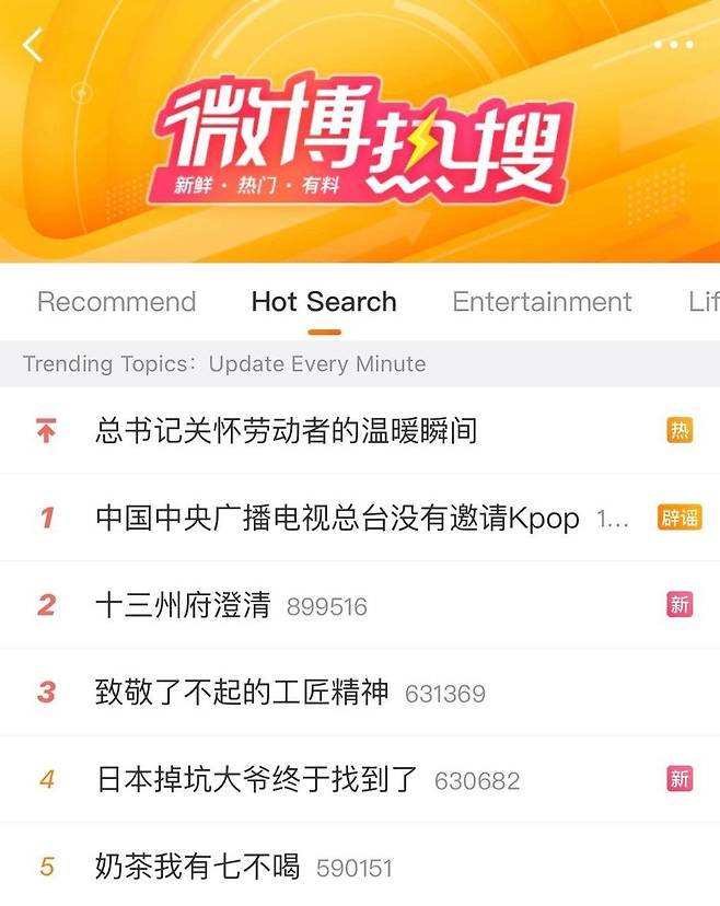 웨이보 실시간 1위 차지한 중국 중앙방송총국의 K팝 공연 관련 입장 [웨이보 캡처. 재판매 및 DB금지]