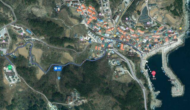 영덕읍 노물리 주변에는 팬션들도 다양하게 운영되고 있었다. 노물항 3분 거리에 애견팬션은 반려가족들에게 바닷가여행을 겸할 수 있는 좋은 여행지로 선택받고는 했다. 이번 화재에 피해를 입지나 않았는지… 오른쪽 끝이 노물항 방파제이다. 이곳에 세워둔 배도 산불피해를 본 경우가 17건이나 된다. 네이버 지도 갈무리.