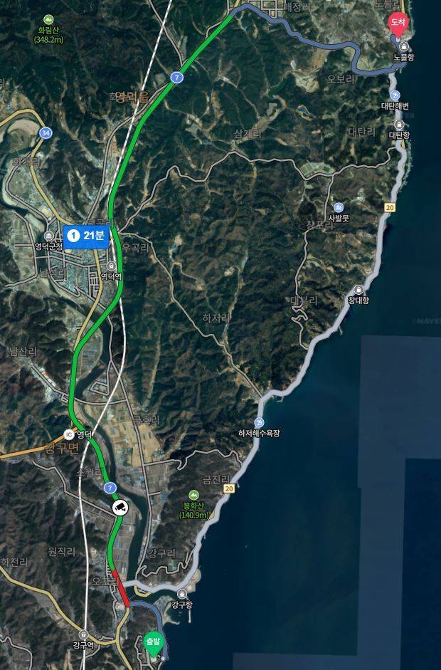 영덕 삼사해상공원에서 노물리 가는길. 자동차로 10분이 채 걸리지 않는다. 네이저 지도 갈무리.