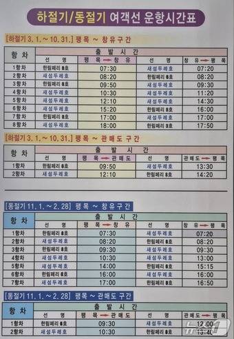 진도 팽목과 조도간의 여객선 운항 시간표