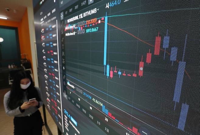 위믹스 시세가 표시된 차트. 위믹스 상장폐지가 결정된 직후 위믹스 시세는 폭락했다. 해당 사진은 지난 2022년 12월 8일 오전 서울 서초구 빗썸 고객지원센터에 위믹스 시세가 표시되고 있는 모습. /뉴스1