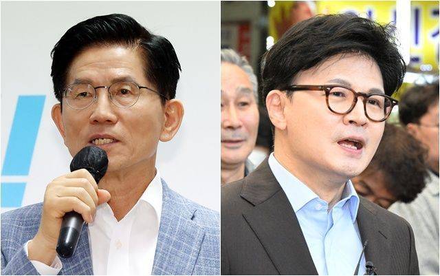 김문수 국민의힘 대선 경선 후보(왼쪽)가 2일 서울 여의도 대하빌딩에 마련된 자신의 선거캠프에서 청년정책제안서를 전달받은 뒤 발언하고 있다. 한동훈 후보는 같은날 경남 창원 마산어시장에서 기자들의 질문에 답하고 있다. ⓒ데일리안 홍금표 기자·뉴시스