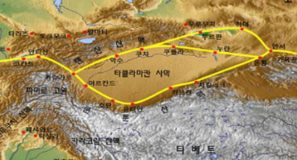 타클라마칸 사막 실크로드 지도. [사진=윤영선]