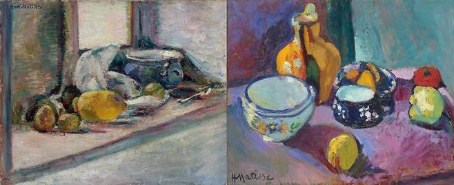마티스의 1897년 정물화(왼쪽)과 1901년 정물화(1901). 러셀의 도움을 받아 색채에 눈을 뜬 마티스는 점차 다채로운 색을 그리기 시작한다.