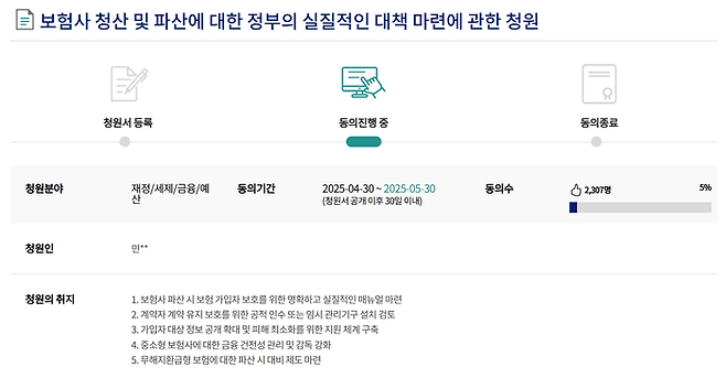 MG손해보험 사태 고객 피해 2차 국민청원. 지난 1일 오후 6시30분 기준 동의율 5%를 보이고 있다. [사진 출처 = 국회전자청원 캡처]