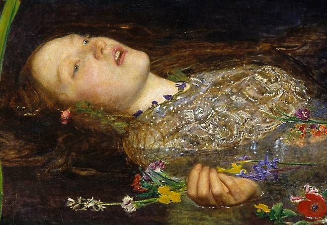 존 에버렛 밀레이, 오필리아(일부 확대), 1851년경, 캔버스에 유채, 76.2x111.8cm, 테이트 브리튼