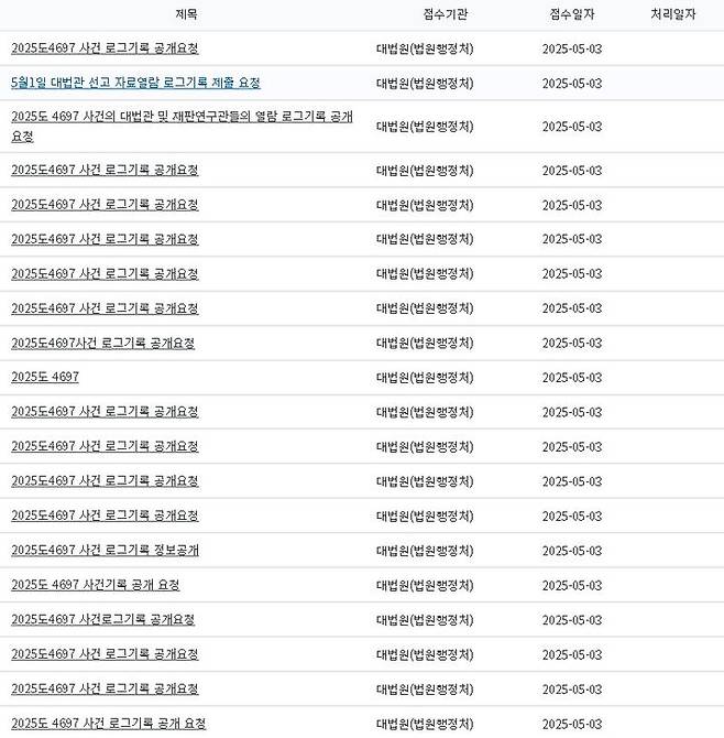 [서울=뉴시스] 정보공개청구 게시 목록.(사진=대한민국 법원 사법정보공개포털 홈페이지 갈무리) *재판매 및 DB 금지