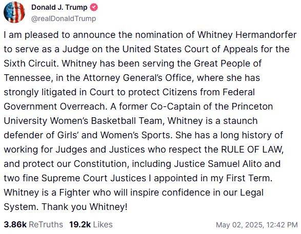 허맨도퍼 판사 지명 발표하는 트럼프 대통령 트루스 소셜 캡처. 재판매 및 DB 금지