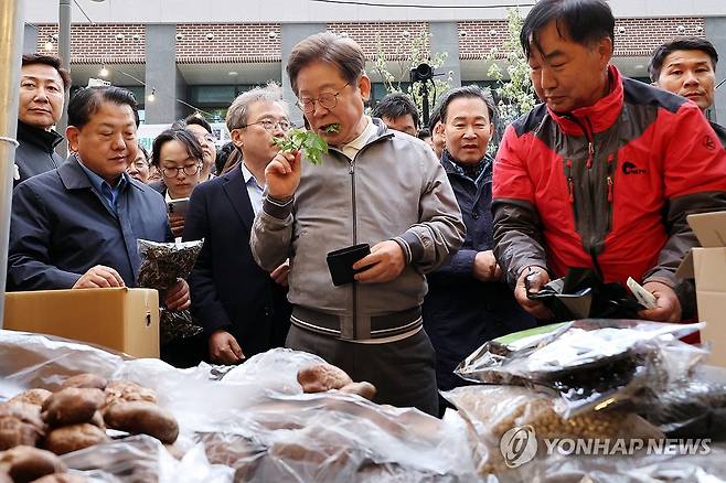 생 어수리 맛보는 이재명 후보 (태백=연합뉴스) 김주성 기자 = 더불어민주당 이재명 대선 후보가 '골목골목 경청투어' 사흘째인 3일 강원도 태백시 장성동 산나물 축제장을 찾아 지역 특산물인 생 어수리 나물을 맛보고 있다. 2025.5.3 utzza@yna.co.kr