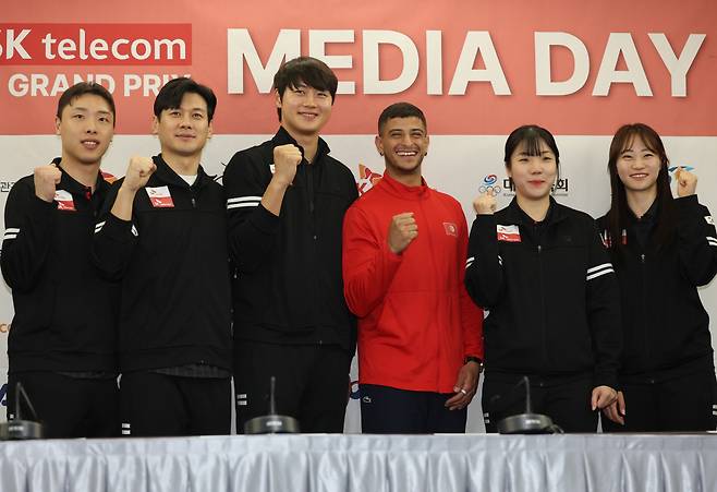 SK텔레콤 국제그랑프리 미디어데이 왼쪽부터 박상원, 구본길, 오상욱, 파레스 페르자니, 전하영, 최세빈. 2025.4.30 <저작권자(c) 연합뉴스, 무단 전재-재배포, AI 학습 및 활용 금지>