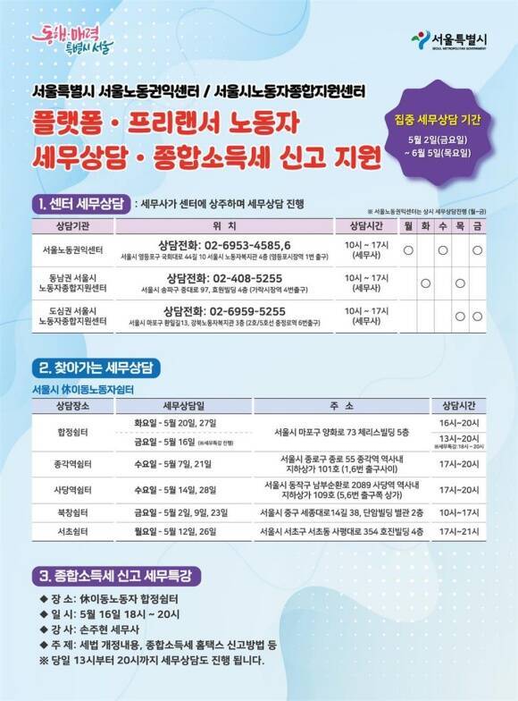 서울시가 플랫폼·프리랜서 노동자를 대상으로 '종합소득세 신고 지원 및 세무상담'을 진행한다. /서울시