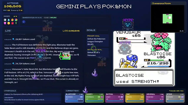 구글 제미나이가 포켓몬 게임을 플레이하는 모습. <조엘Z 트위치 생중계 화면 캡처>
