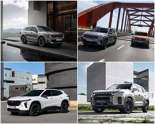 기아 쏘렌토(왼쪽 위부터 시계방향), 르노 코리아 그랑 콜레오스, KG 모빌리티 토레스, GM 한국사업장 트랙스 크로스오버 [각사 제공]