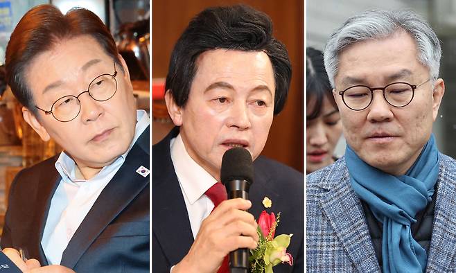 더불어민주당 이재명 대선후보(왼쪽부터), 국가혁명당 허경영 명예대표,&nbsp;조국혁신당 최강욱 전 의원. 연합뉴스