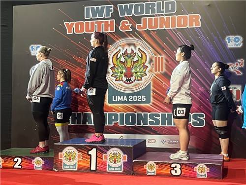 2025 세계주니어역도선수권 여자 76㎏급 3위를 한 전희수(뒷 줄 오른쪽 두 번째) [대한역도연맹 제공. 재판매 및 DB금지]