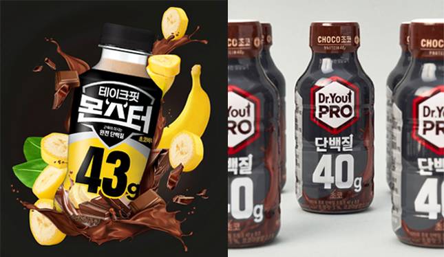 남양유업 '테이크핏 몬스터'(왼쪽), 오리온, '닥터유PRO 단백질드링크 40g 초코'(오른쪽)./사진=각 사