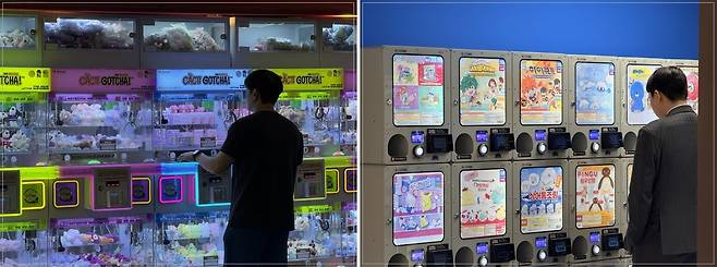 25일 직장인들이 서울 중구 을지로입구역(왼쪽)과 강남구 강남역(오른쪽)에 위치한 가챠샵을 둘러보고 있다. /이호준 기자