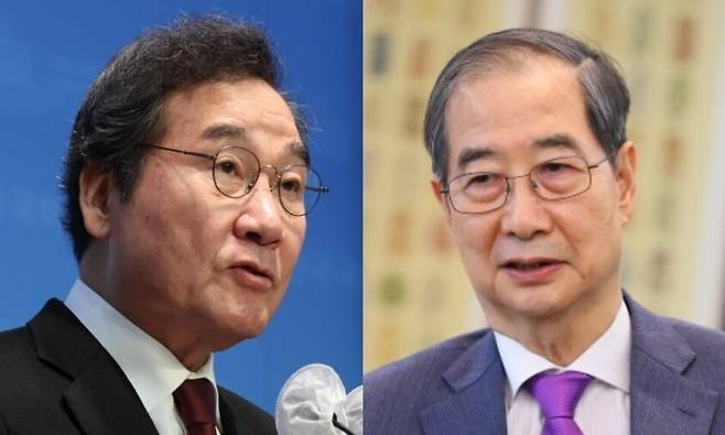 이낙연 새미래민주당 상임고문(왼쪽)과 무소속으로 대선 출마를 선언한 한덕수 후보. 한겨레 자료사진, 국무총리실 제공