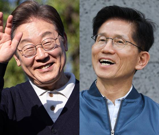 지난 4일 오후 충북 제천군 의림지를 방문한 이재명 더불어민주당 대선 후보(왼쪽 사진)와 같은 날 오후 경기도 포천시 한센인 정착마을인 장자마을 행복나눔터를 방문한 김문수 국민의힘 대선 후보. 뉴스1