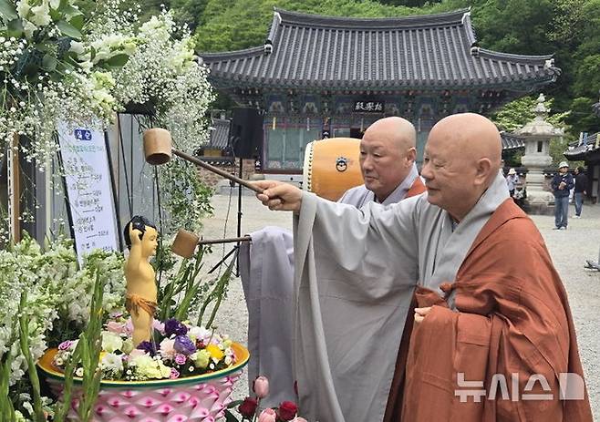 [정읍=뉴시스] 김종효 기자 = 5일, 불기 2569년 '부처님오신날' 봉축법요식이 열린 전북 정읍 내장사, 내장사 대우 큰스님(앞)과 대원 주지스님(뒤)이 관불을 하고 있다. 2025.05.05. kjh6685@newsis.com