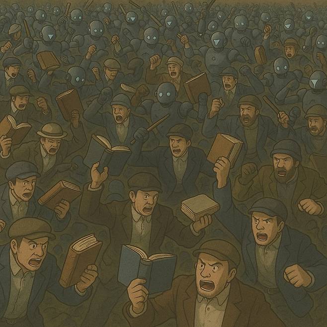 소설가와 AI가 충돌하는 지브리 스타일 이미지.[사진 | AI 생성 이미지]